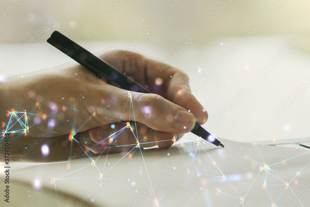 Poster Creative concept of wireless technology and man hand writing in notebook on background. Big data and database concept. Multiexposure