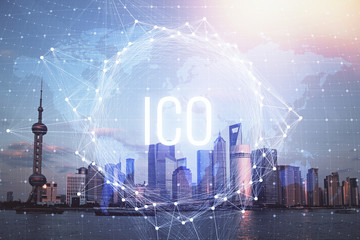 Double exposure of crypto currency theme hologram drawing and city veiw background. Concept of...