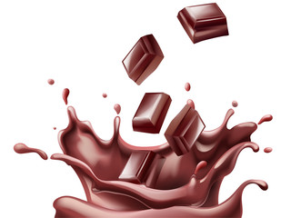 Pieces of chocolate falling down in melted one. Splashes. Realistic