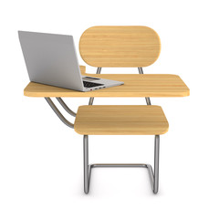 School desk and laptop on white background. Isolated 3D illustration