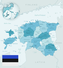 Blue-green detailed map of Estonia administrative divisions with country flag and location on the globe.