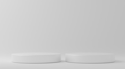 Cylinder podiums white background. Abstract pedestal scene with geometrical. Scene to show cosmetic products presentation. Mock up design empty space,Showcase,shopfront,display case,3d illustration