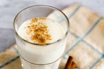 Kefir with cinnamon in a glass for boost the immune system. Immunological and stomach benefits, prevents illness and weight loss.