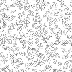 Decorative fantasy branches with leaf and berries on white background. Seamless doodle floral pattern. Suitable for textile, wrapping, wallpaper.