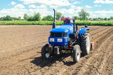 Obraz premium Farmer on a tractor loosens the soil with milling equipment. Loosening surface, land cultivation. Farming, agriculture. Plowing field. Use of agricultural machinery and to simplify and speed up work.