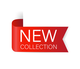 New collection ribbon, great design for any purposes. 3d collection on red backdrop. Banner design.