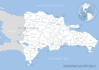 Blue-gray detailed map of Dominican Republic administrative divisions and location on the globe. Vector illustration