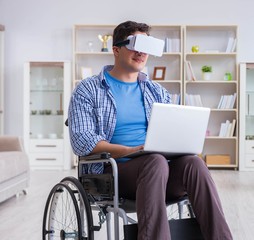 Freelance student studying with laptop and virtual reality glass