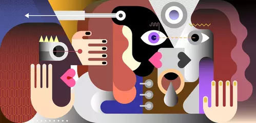 Zelfklevend Fotobehang Een man en een vrouw kijken elkaar in de ogen en één persoon kijkt naar hen. Moderne kunst grafische illustratie. ©  danjazzia