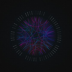 Big data visualization. Circular visualization of algorithms with arc line connections. Design for business, science, technology. Connection Structure. Techno dark background. Vector