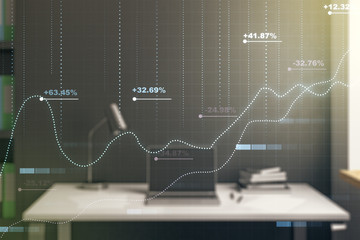 Multi exposure of creative statistics data hologram and modern desktop with laptop on background, stats and analytics concept