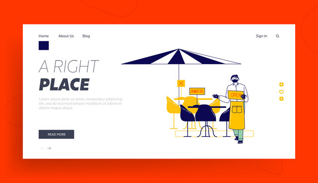 Cafe Or Restaurant Opening Landing Page Template. Waiter Character Wearing Protective Equipment For Covid Pandemic