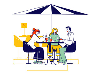 Visitors Characters Sit at Disinfected Outdoor Cafe or Restaurant Table Drinking Coffee and Communicate. Friends Meet Up