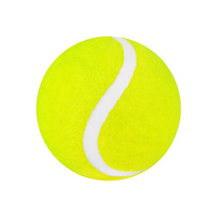 One green tennis ball on white background isolated close up, single yellow tennis ball cutout, sport equipment, nobody, studio shot