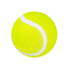 One green tennis ball on white background isolated close up, single yellow tennis ball cutout, sport equipment, nobody, studio shot