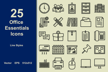 Office Essentials icons set with line styles for interface, templates, ui design. Consists of icons such as stationary, computer, project, presentation, file, folders. 512x512 pixel.