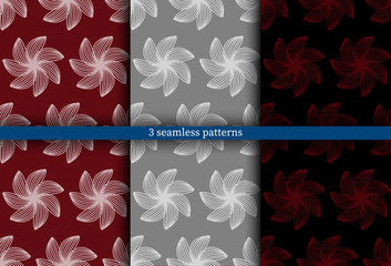 Set of seamless patterns with white flowers on grey, burgundy, black background