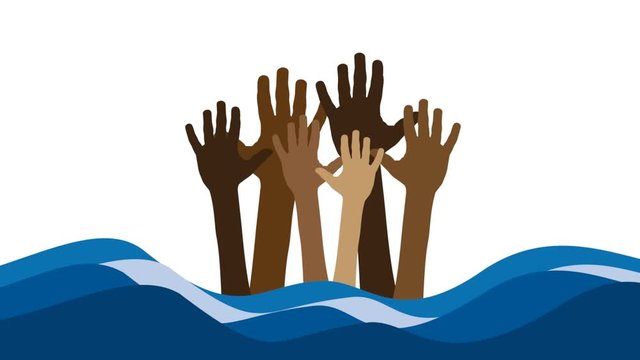 Hands of castaways in the sea waves asking for help. 2D animation. Clip footage 4k