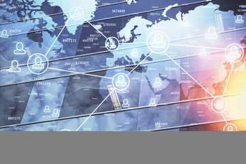 Multi exposure of social network theme drawing and cityscape background. Concept of people connecton.