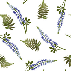 Seamless vector illustration with blue lupins