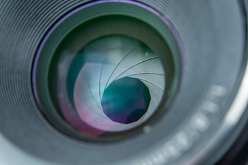 Closed camera lens aperture, macro photography. Macro camera lens