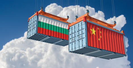 Freight containers with Bulgaria and China flag. 3D Rendering 