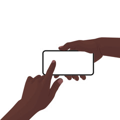 Hands holding the black smartphone with blank screen and modern frameless design. Template vector illustration on isolated background. 