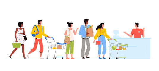 Fototapeta premium The queue at the cashier in the supermarket. Fashionable people with groceries and shopping carts in the store