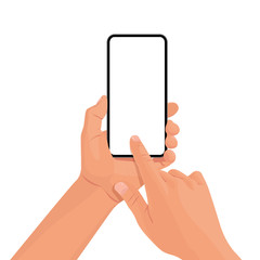 Hands holding the black smartphone with blank screen and modern frameless design. Template vector illustration on isolated background. 
