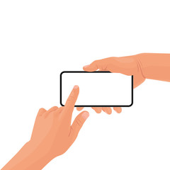 Hands holding the black smartphone with blank screen and modern frameless design. Template vector illustration on isolated background. 