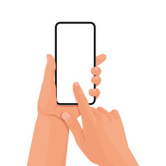 Hands holding the black smartphone with blank screen and modern frameless design. Template vector illustration on isolated background. 