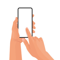 Hands holding the black smartphone with blank screen and modern frameless design. Template vector illustration on isolated background. 