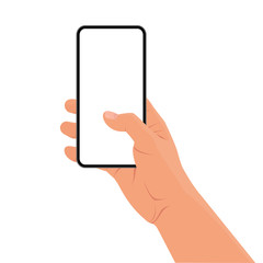 Hand holding the black smartphone with blank screen and modern frameless design. Template vector illustration on isolated background. 