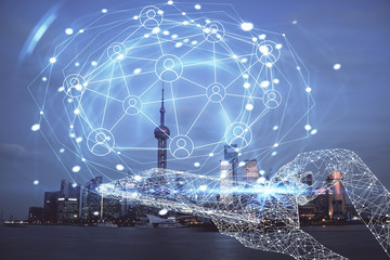 Multi exposure of social network theme drawing and cityscape background. Concept of people connecton.