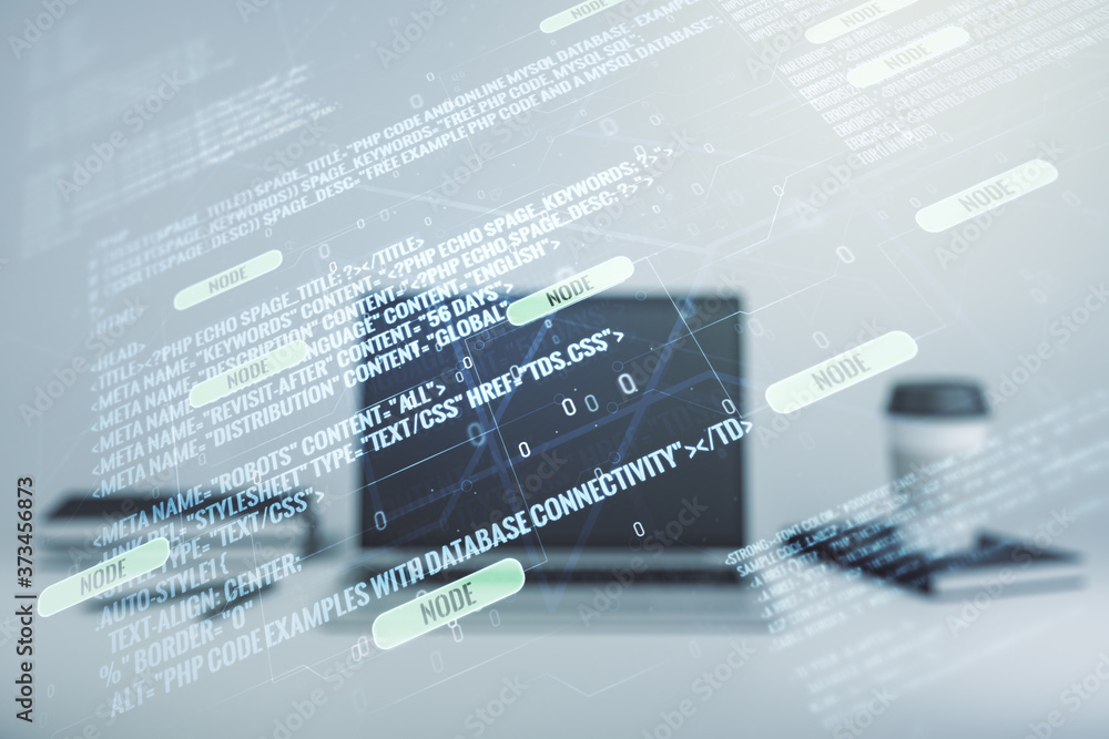 Poster double exposure of abstract creative programming illustration on computer background, big data and b