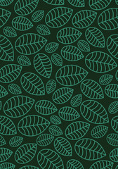 Seamless linear leaves pattern. Vertical plant green leaf ornament. For labels, packaging or fabric. Chaotically scattered leaves.