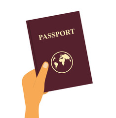 the hand holds a foreign passport and submits it. Flat design vector illustration. Isolated on white background.
