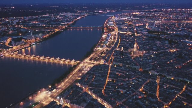 Night aerial view of historic centre of Bordeaux. France