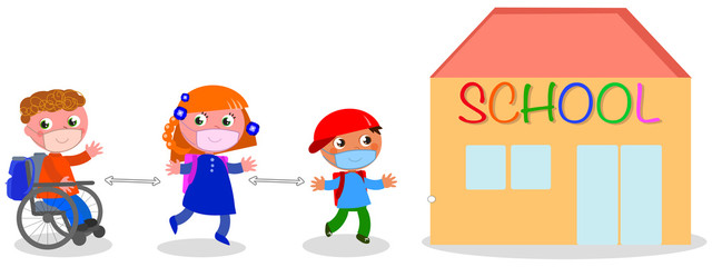 children keep social distancing near school, isolated illustration