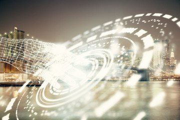 Data theme hologram drawing on city view with skyscrapers background multi exposure. Ai concept.