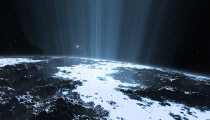 Giant plumes of water vapor erupting from ice-covered moon, huge geysers on icy moon © Peter Jurik