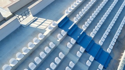 Aerial view of the plastic seat for audience in the stadium.