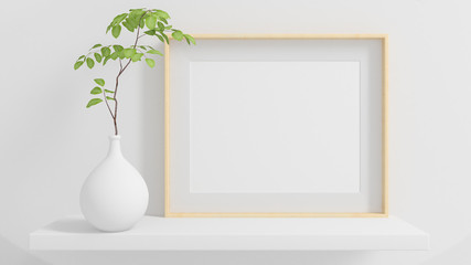 Horizontal frame on a shelf with plant minimal mock up 3d rendering - obrazy, fototapety, plakaty
