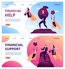 Business work superhero in suit, success people man woman manager character, vector illustration. Cartoon businessman character make financial support, help with money at mountain.