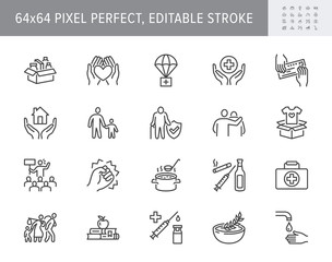 Charity, social worker line icons. Vector illustration included icon as donate food, humanitarian aid, pantry, homeless shelter outline pictogram for volunteer. 64x64 Pixel Perfect Editable Stroke
