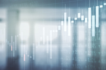 Double exposure of virtual creative financial diagram on empty room interior background, banking and accounting concept