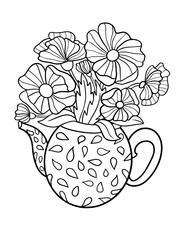 bouquet of flowers in pots for watering vector illustration coloring book for kids and adults isolate on white background doodle sketch background for gardening