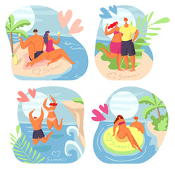 Obraz na płótnie Canvas Love couple at summer, man woman in sea water vector illustration. People chracater have holiday at ocean beach, romantic travel set. Tropical vacation for young person cartoon character.