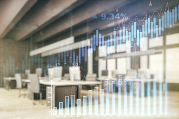 Double exposure of virtual creative financial diagram on a modern furnished office interior background, banking and accounting concept
