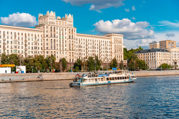 Moscow / Russia - 15 Aug 2020: River tourism on the Moscow river, Panoramic, panoramic view of the beautiful Moscow landmark.